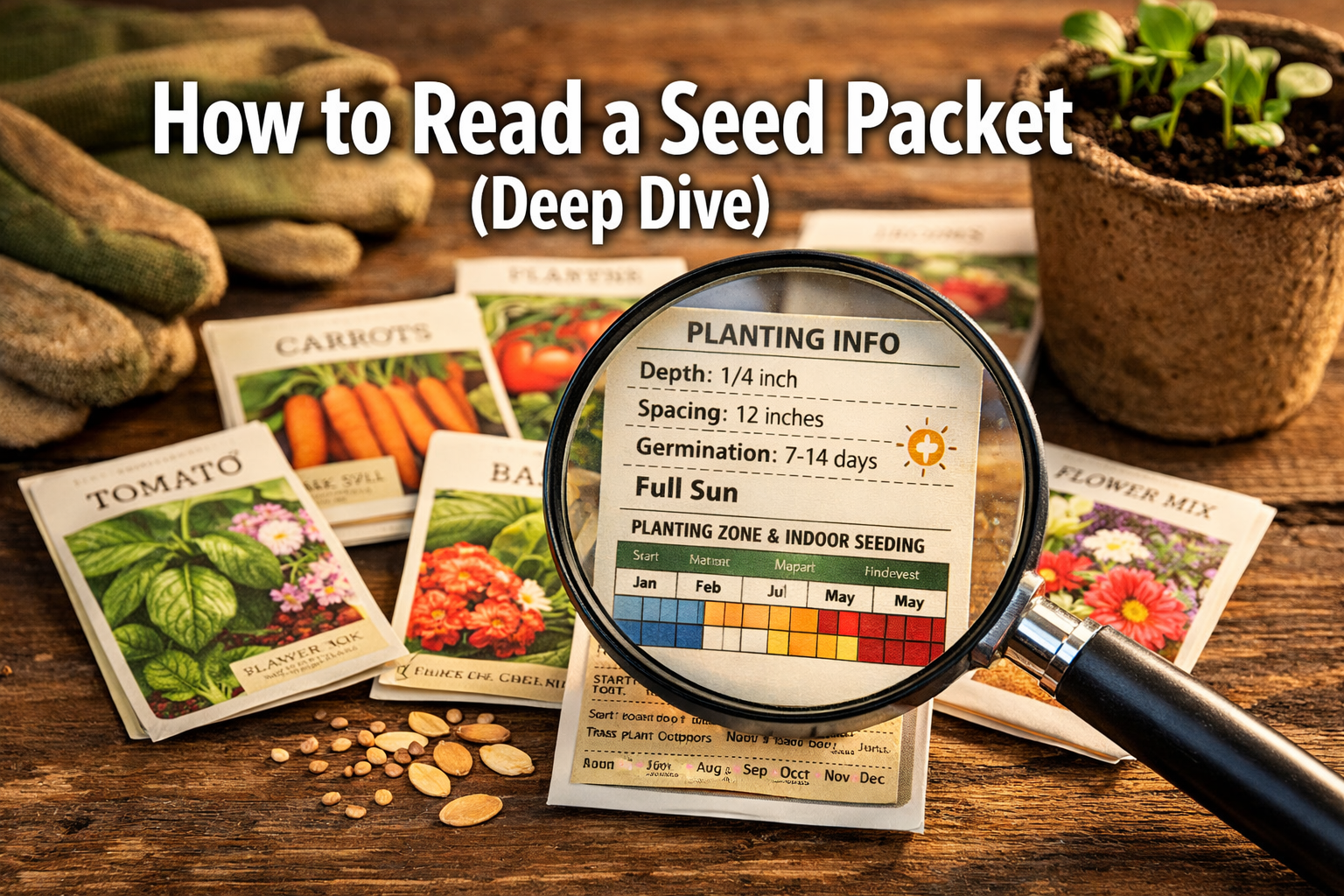 Professional landscape format (1536x1024) hero image featuring bold text overlay 'How to Read a Seed Packet (Deep Dive)' in extra large 72pt