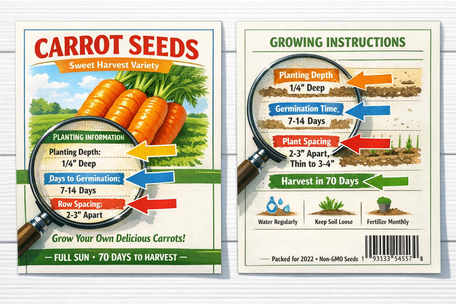 Landscape format (1536x1024) detailed close-up of seed packet front and back panels side by side, magnifying glass highlighting key sections