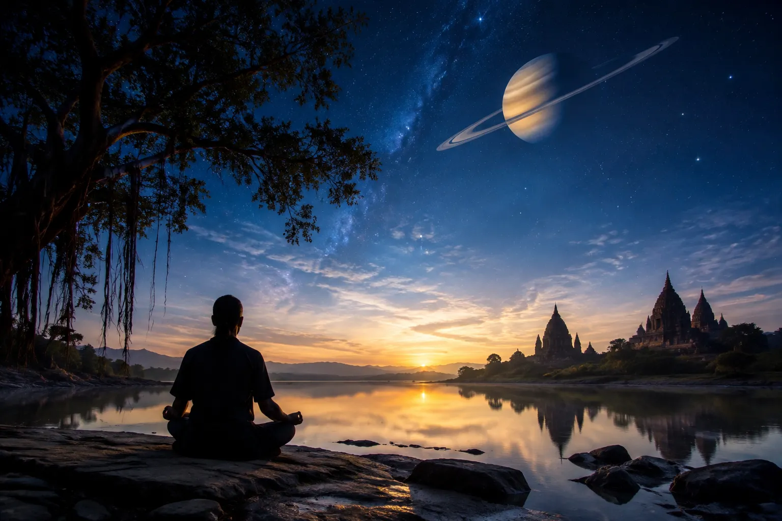Professional () hero image with a deep blue night sky transitioning into dawn, featuring a stylized but recognizable Saturn