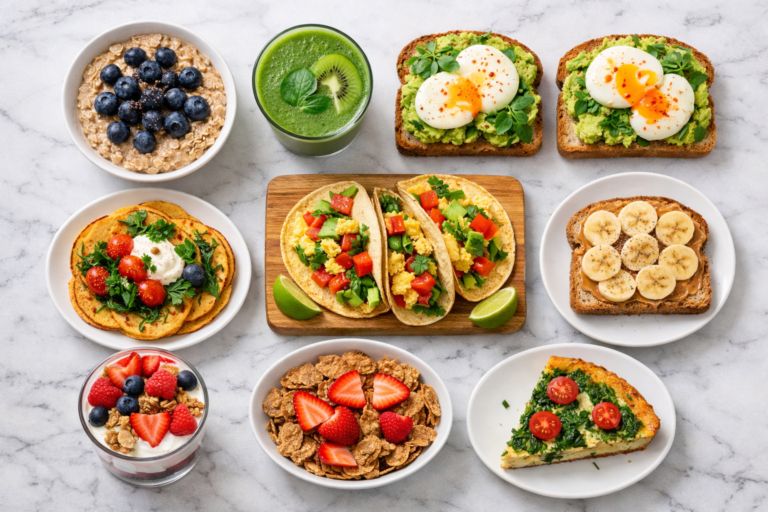 Professional overhead flat-lay photo of 9 colorful healthy weight-loss meals arranged on a white marble surface: oatmeal