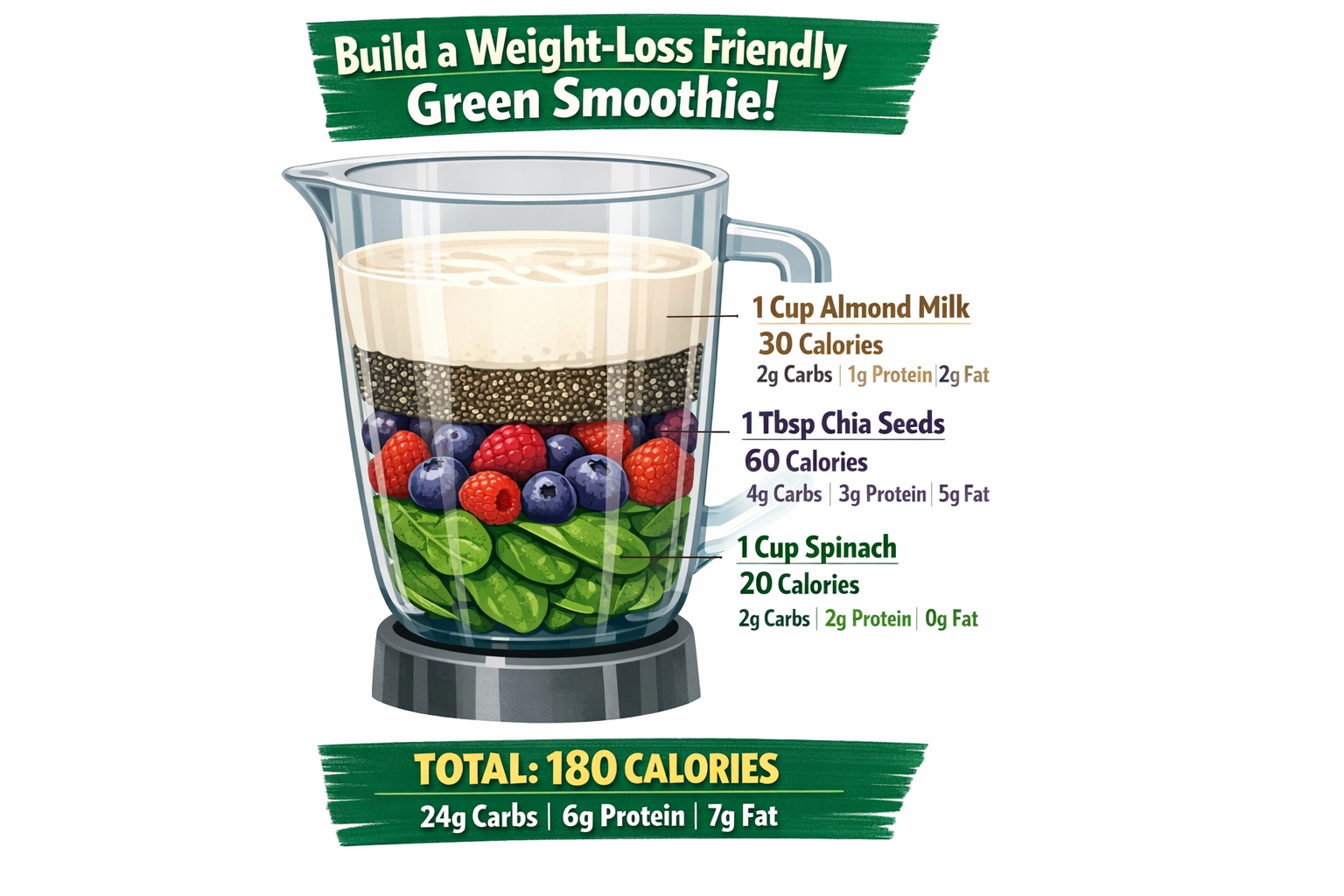 Step-by-step visual guide for building a weight-loss-friendly green smoothie: layered ingredients shown in a blender