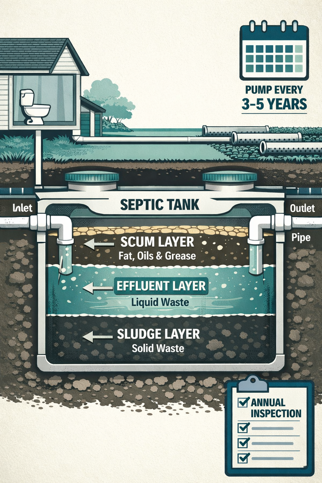 Portrait/Pinterest format () detailed infographic-style illustration showing a cross-section diagram of a residential septic