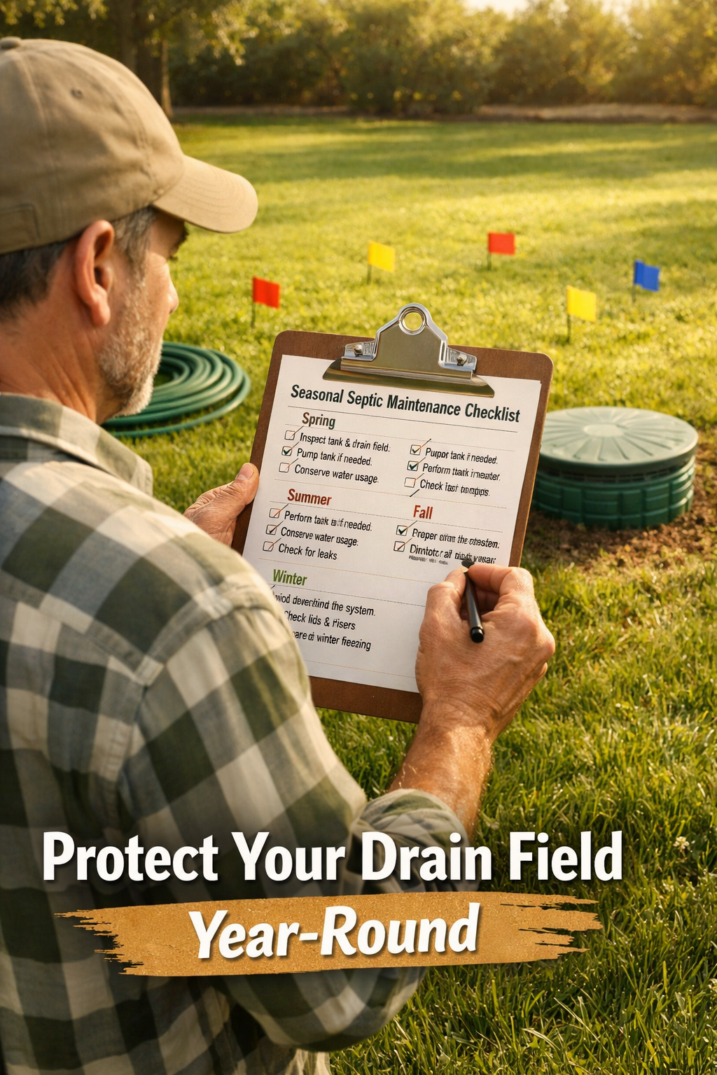 Portrait/Pinterest format () image depicting a homeowner reviewing a seasonal septic maintenance checklist on a clipboard