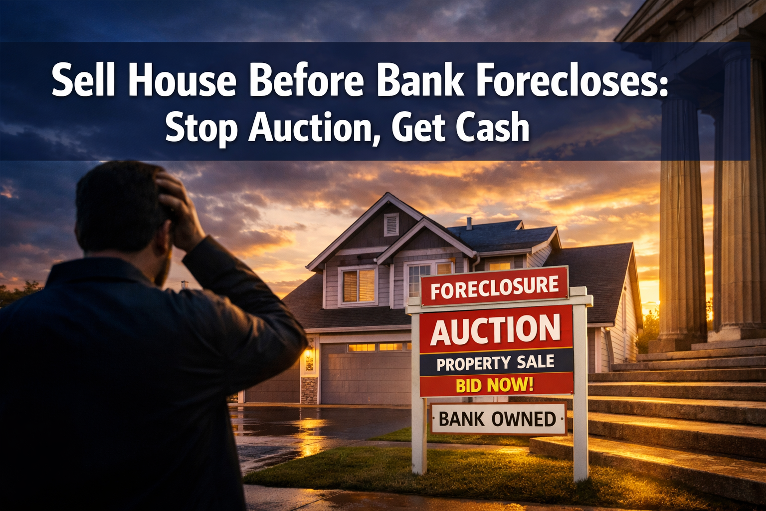 Professional landscape format (1536x1024) hero image featuring bold text overlay 'Sell House Before Bank Forecloses: Stop Auction, Get Cash'