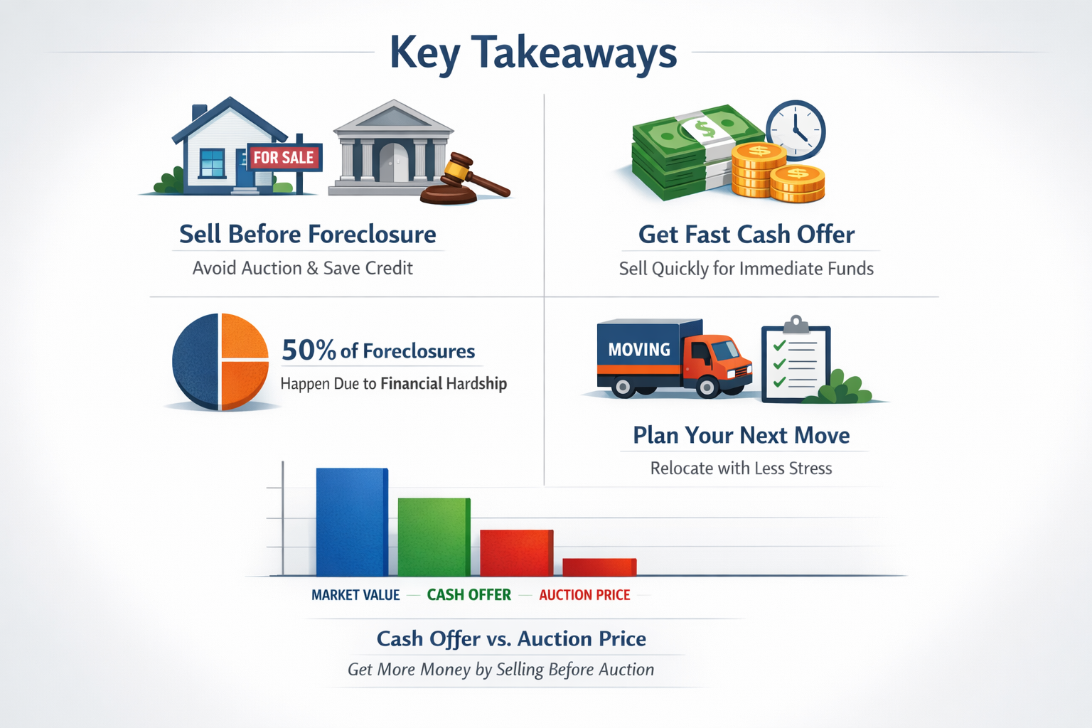 Professional infographic for article "Sell House Before Bank Forecloses: Stop Auction, Get Cash", section: "Key Takeaways". Include relevant