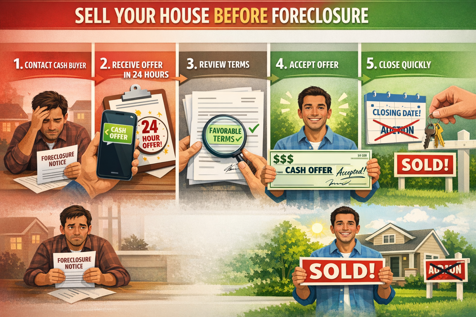 Detailed landscape format (1536x1024) image illustrating step-by-step process to sell house before foreclosure: visual flowchart with number