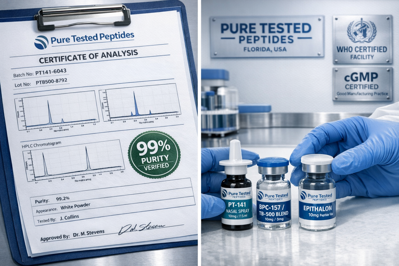 Landscape format (1536x1024) detailed image showing close-up of Pure Tested Peptides quality control process with split-screen composition. 