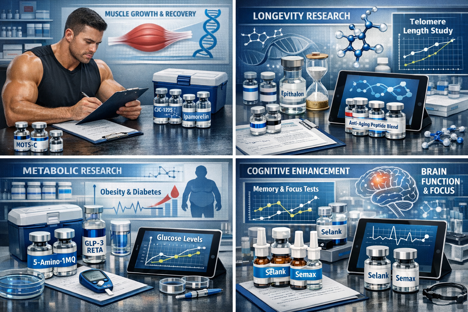 Landscape format (1536x1024) scientific research scene showing peptide application contexts across multiple disciplines. Split into four qua
