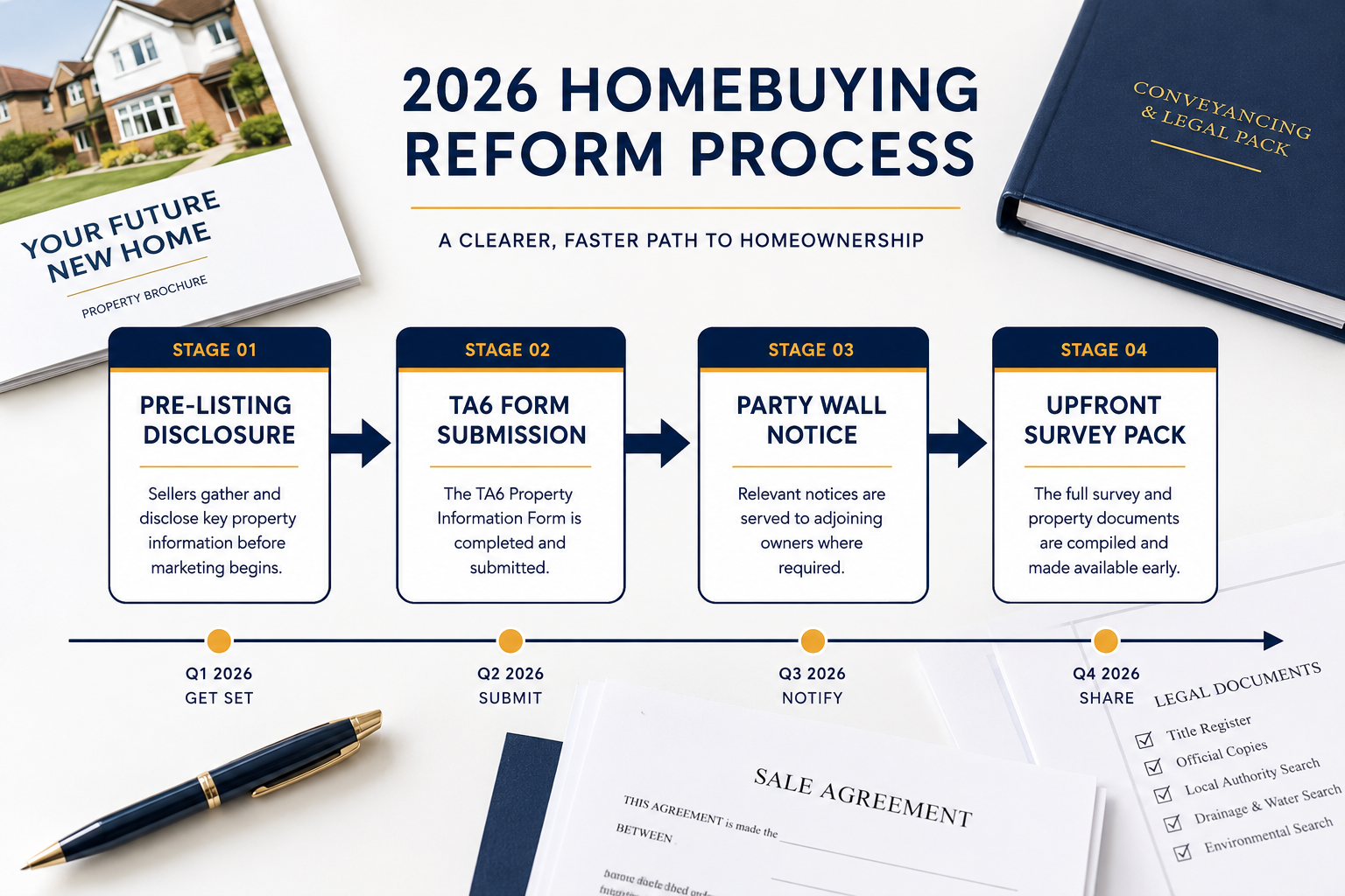 () infographic-style illustration showing a timeline of the 2026 homebuying reform process: a horizontal flowchart with