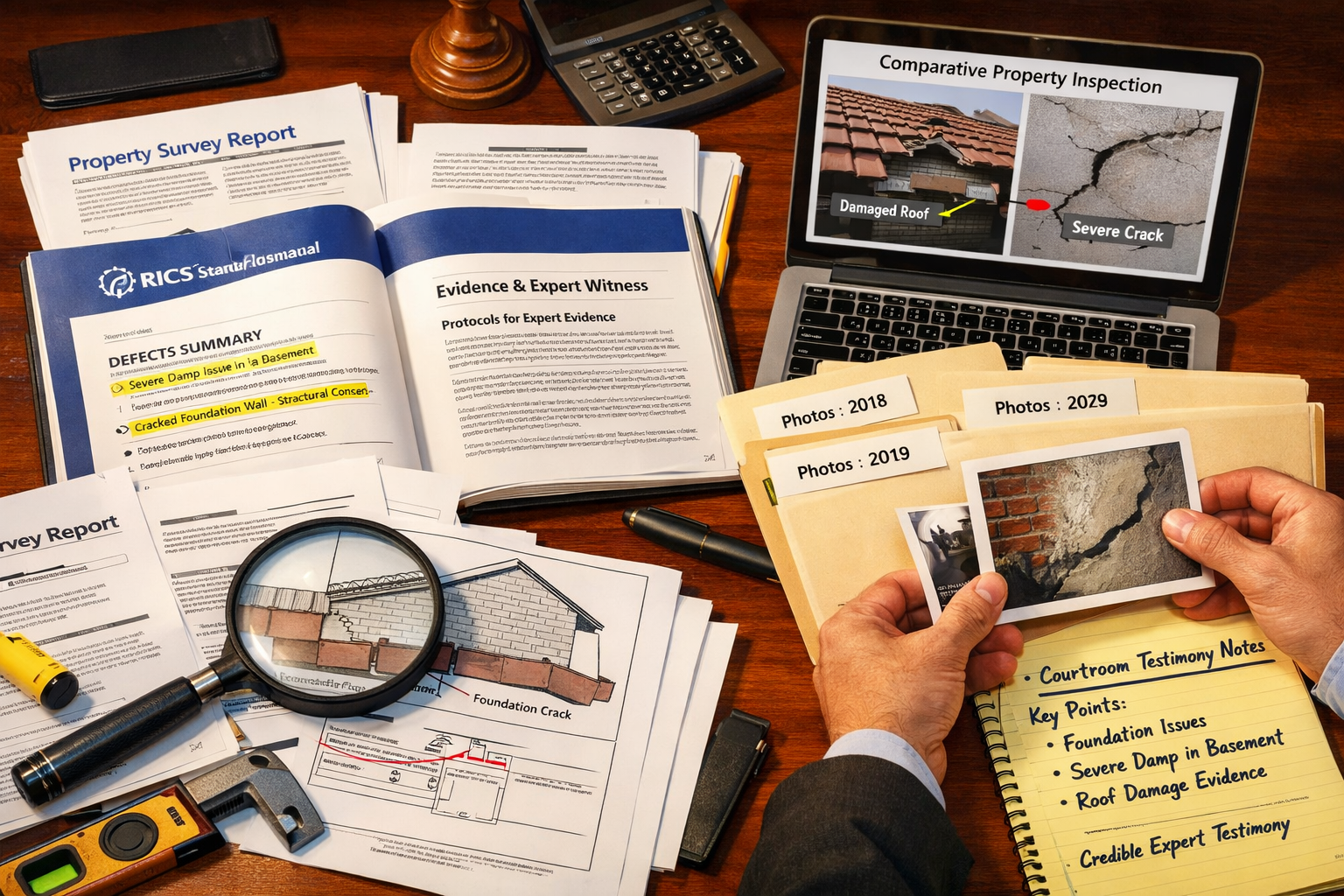 Detailed () image showing close-up of expert witness evidence preparation workspace with multiple property survey reports