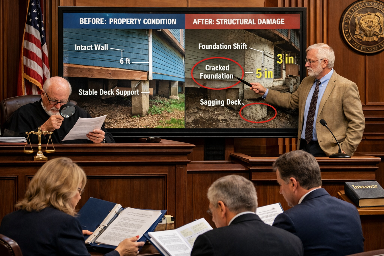 Detailed () courtroom scene showing expert witness surveyor presenting technical evidence to judge and legal counsel, large