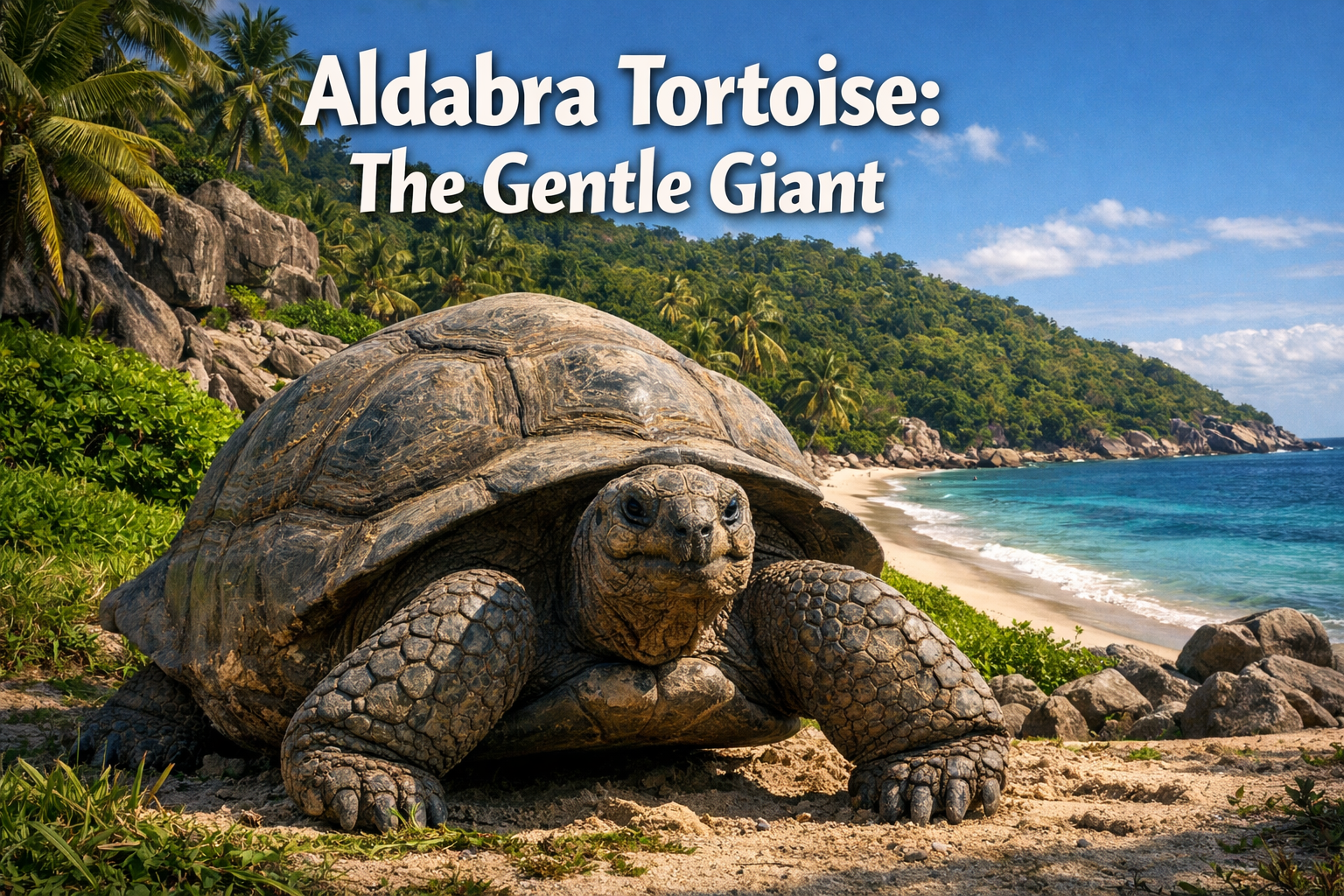 Professional landscape hero image (1536x1024) featuring massive Aldabra tortoise in natural habitat with bold text overlay 'Aldabra Tortoise