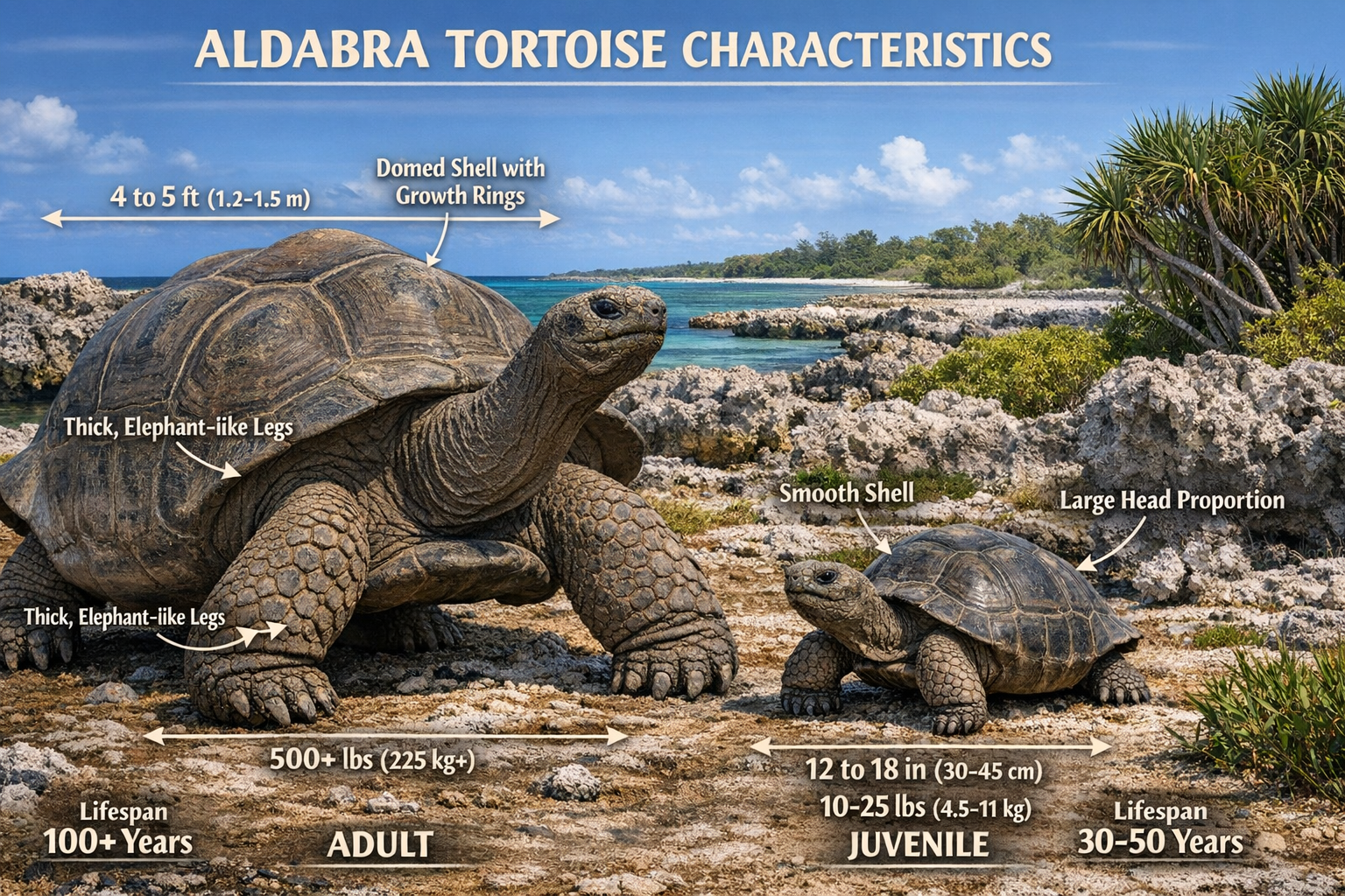 Detailed landscape image (1536x1024) showing Aldabra tortoise physical characteristics comparison chart with side-by-side adult and juvenile