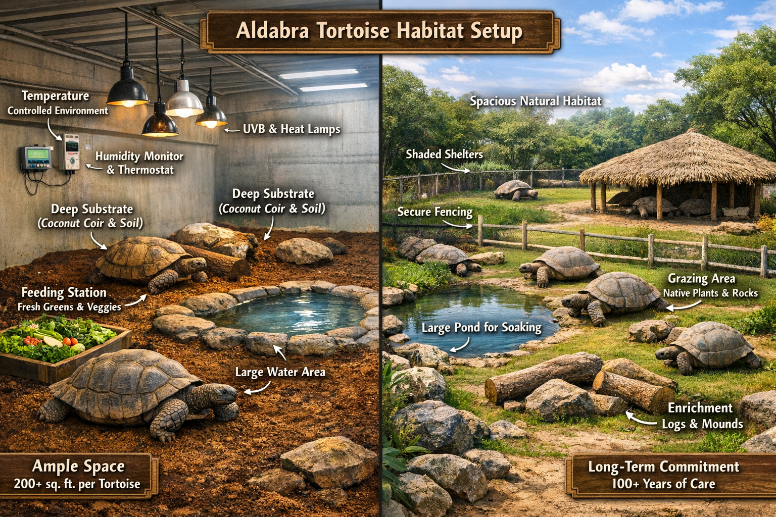 Comprehensive landscape image (1536x1024) depicting ideal Aldabra tortoise habitat setup with both indoor and outdoor enclosure examples. Sp