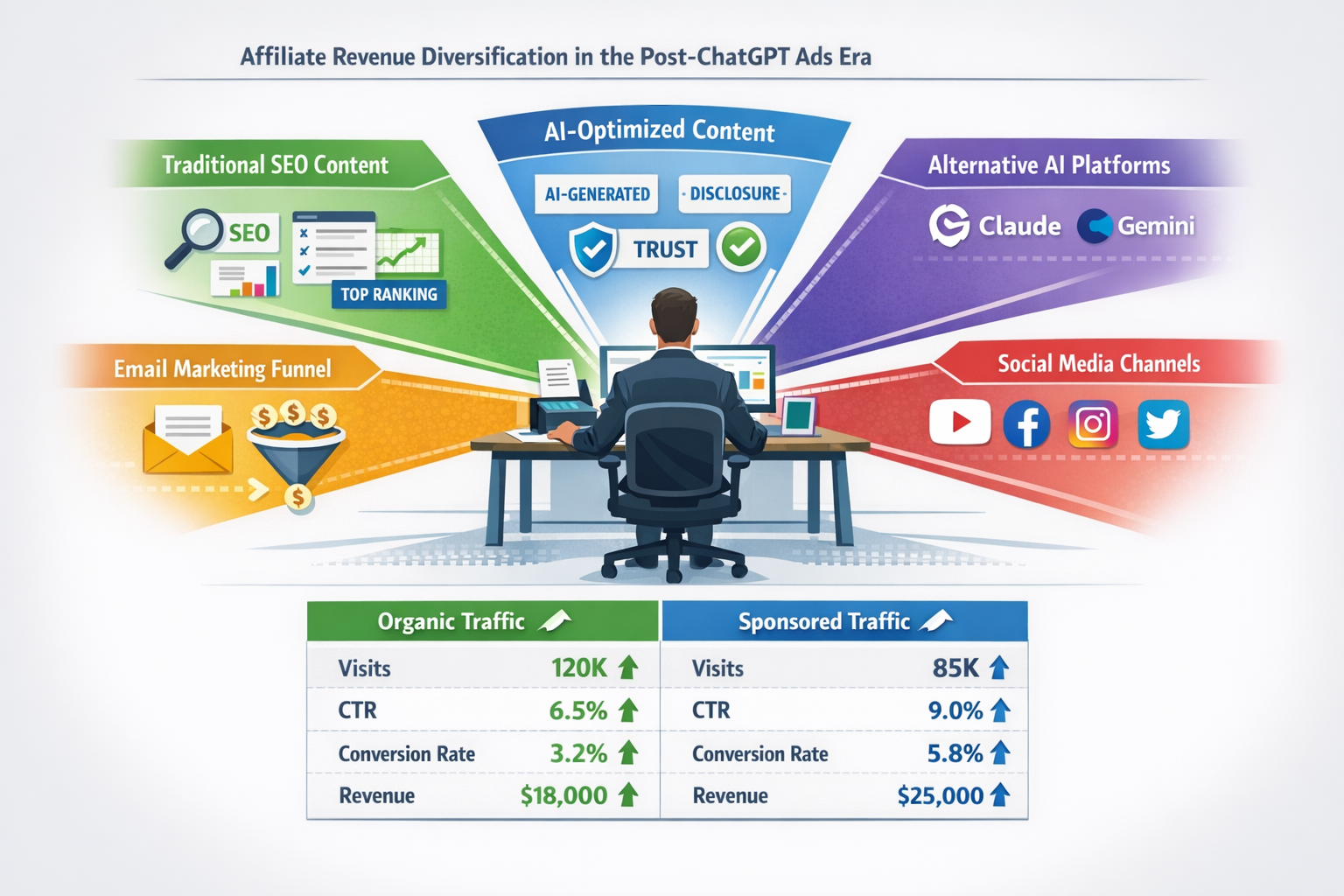 Landscape format (1536x1024) strategic diagram illustrating affiliate revenue diversification in the post-ChatGPT ads era. Center shows affi