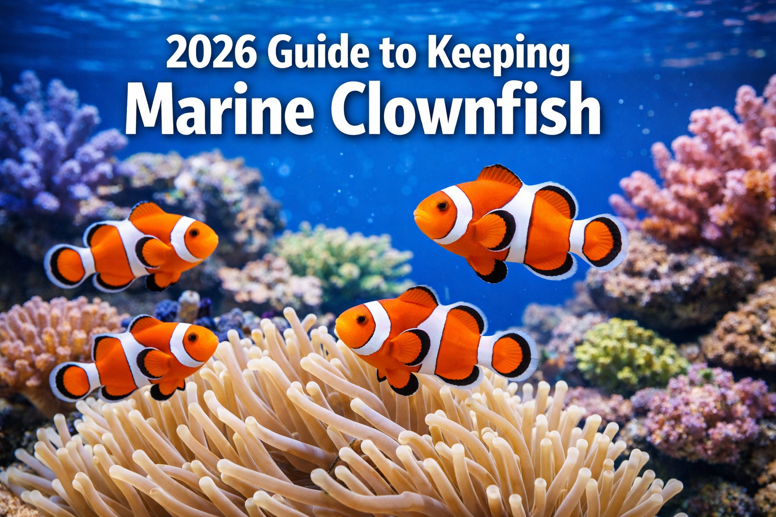 Professional landscape hero image (1536x1024) featuring vibrant orange and white clownfish swimming among coral anemones in crystal clear aq