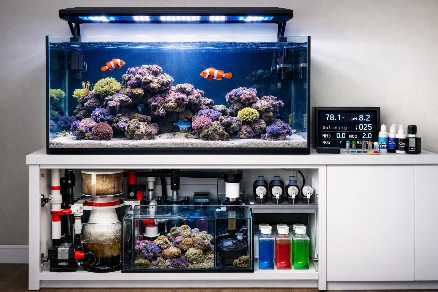 Detailed aquarium setup showing pristine saltwater tank with proper filtration system, protein skimmer, LED lighting, live rock formation, a