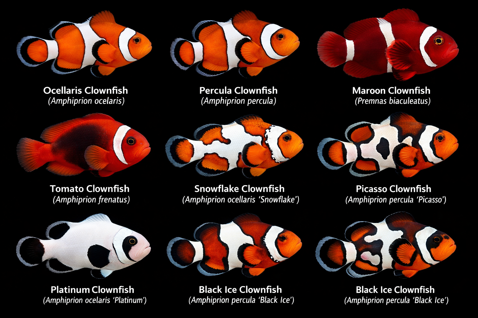 Close-up portrait gallery showing different clownfish species and morphs including ocellaris, percula, maroon, tomato, and designer varietie