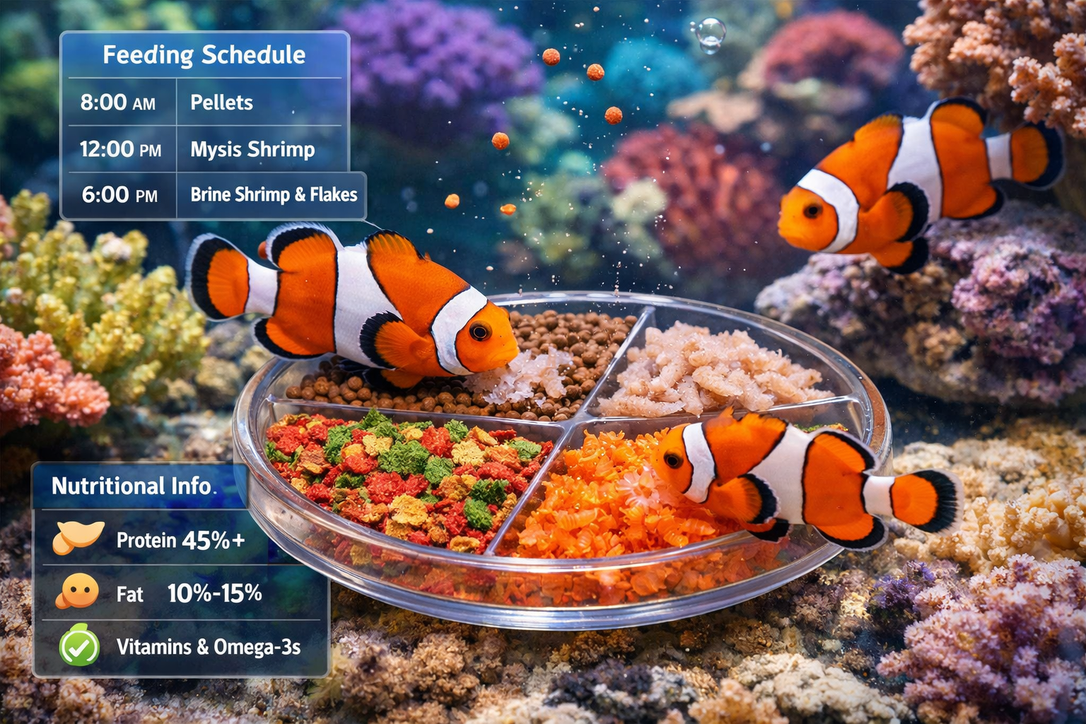 Clownfish feeding scene showing various food types including pellets, frozen mysis shrimp, brine shrimp, and marine flakes arranged on feedi