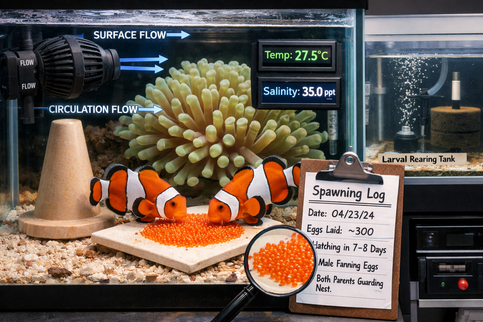 Breeding setup aquarium with clownfish pair tending to orange eggs on ceramic tile, anemone host in background, breeding cone visible, water