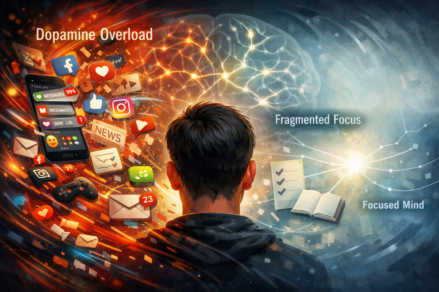 7 Proven Monk Mode Techniques to Skyrocket Your Focus 2 Do not write in Hindi on the images. Must write in English only. A detailed landscape format (1536x1024) image illustrating the concept of d