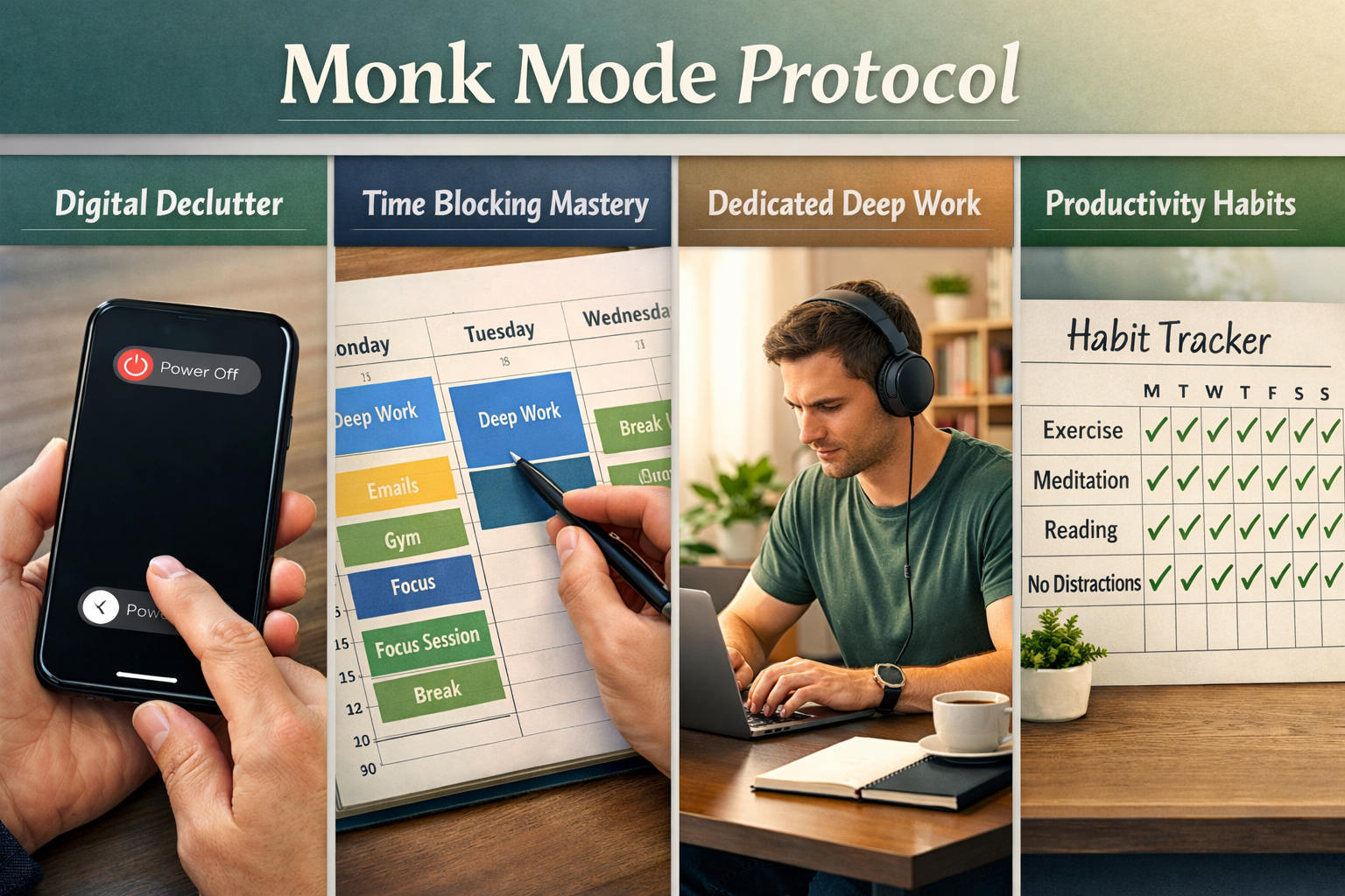 7 Proven Monk Mode Techniques to Skyrocket Your Focus 3 Do not write in Hindi on the images. Must write in English only. A landscape format (1536x1024) editorial image showcasing practical steps f