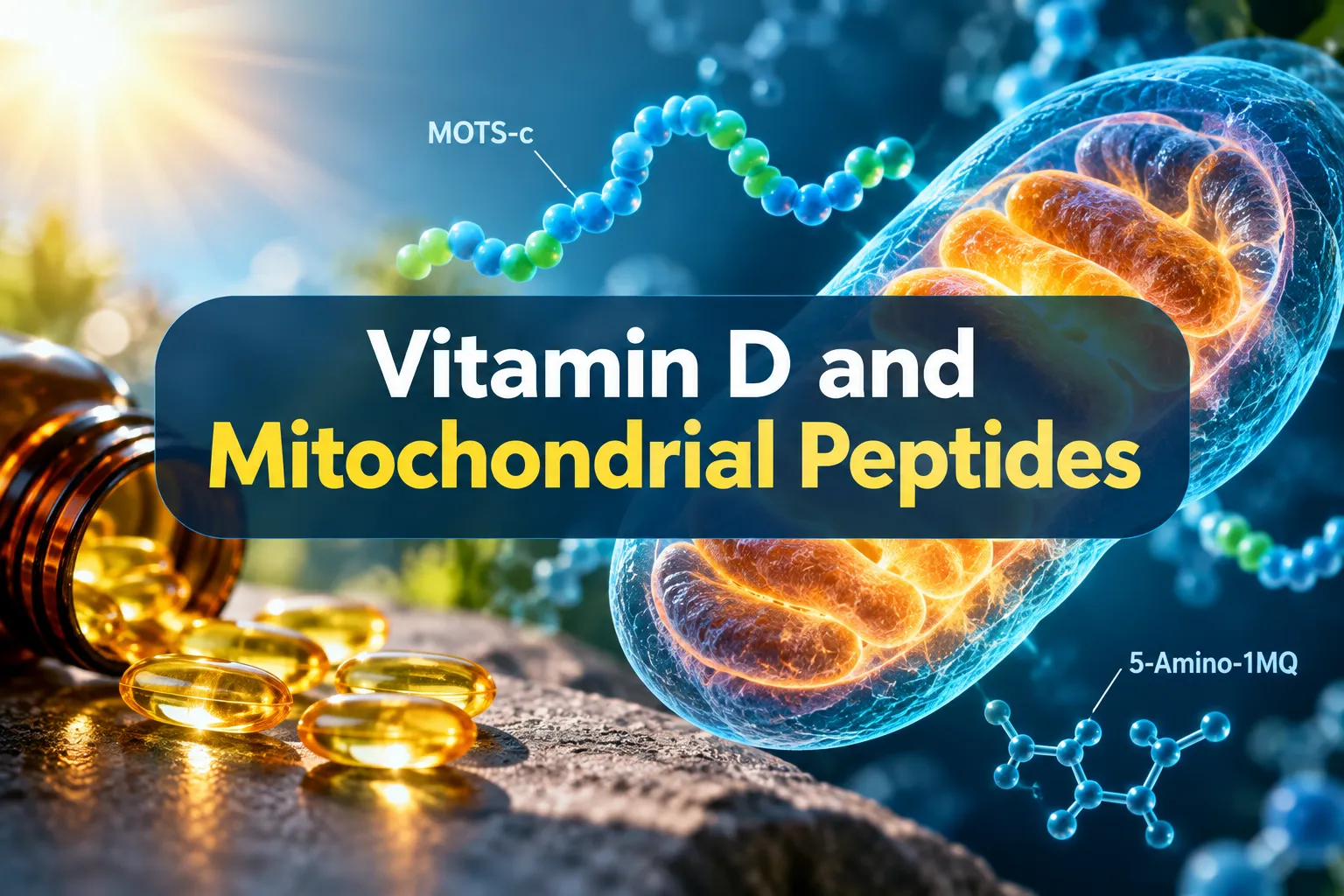 Professional landscape hero image () with a reading "Vitamin D and Mitochondrial Peptides". CRITICAL TYPOGRAPHY RULES: