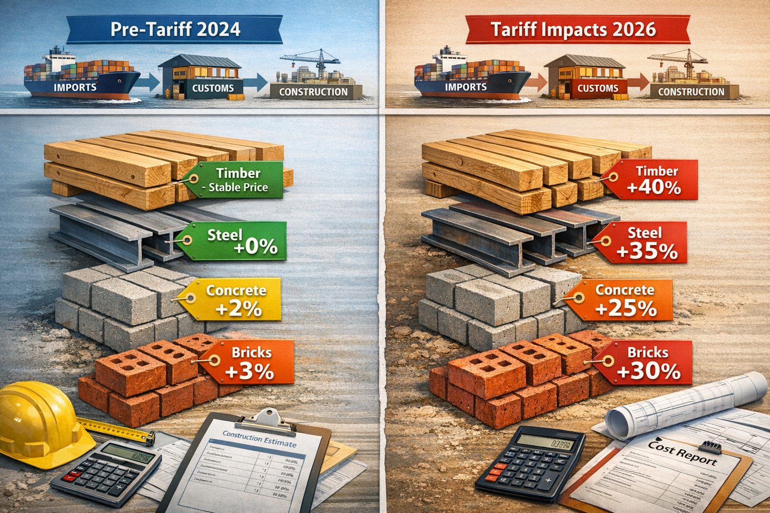 Landscape format (1536x1024) detailed infographic-style visualization showing stacked building materials including timber beams, steel girde