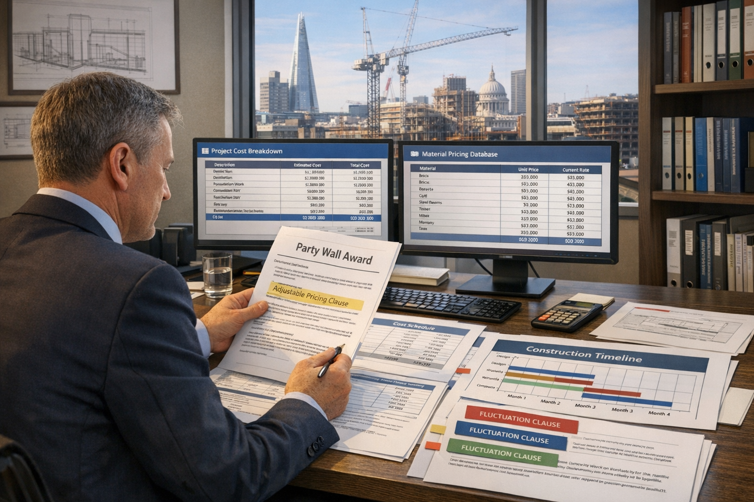 Landscape format (1536x1024) professional scene showing a party wall surveyor in business attire reviewing detailed construction award docum
