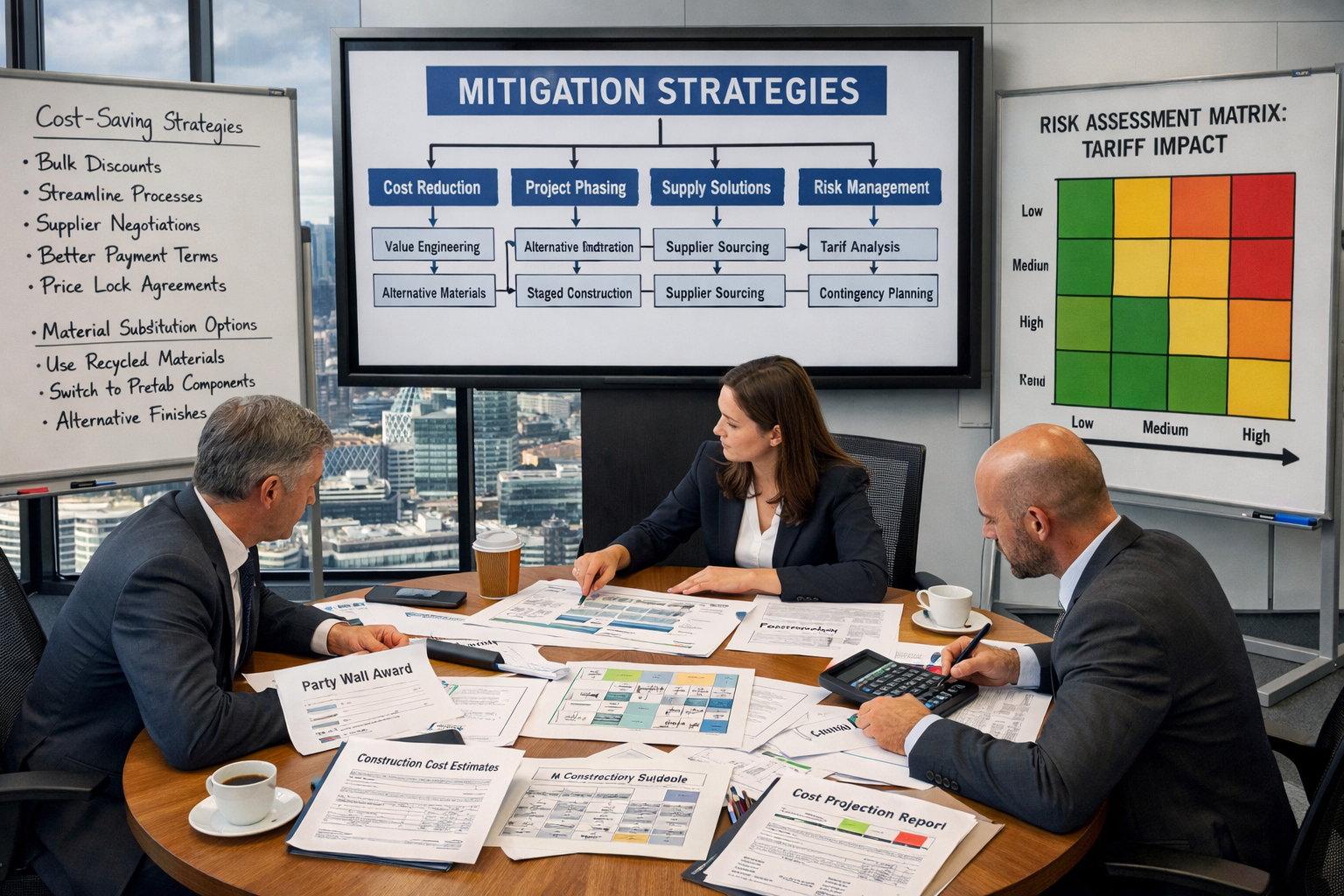 Landscape format (1536x1024) strategic planning visualization showing a conference room setting with large presentation screen displaying mi