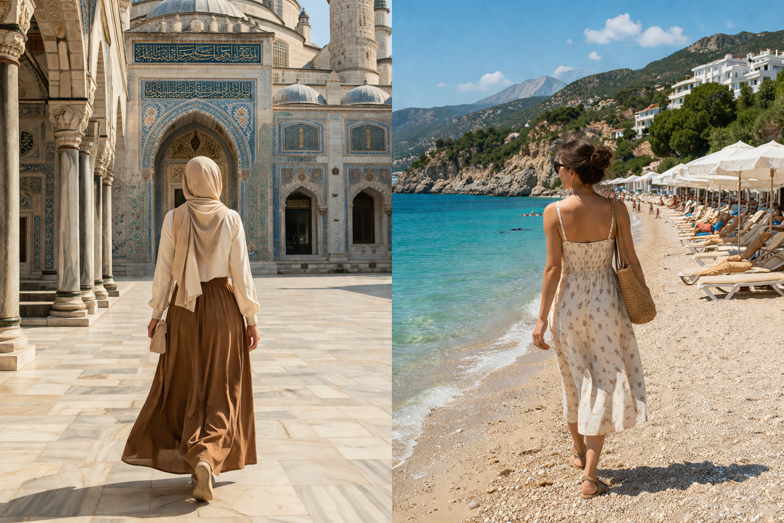 () split-scene editorial photograph showing the contrast of Turkey's dress environments: left side shows a woman in modest