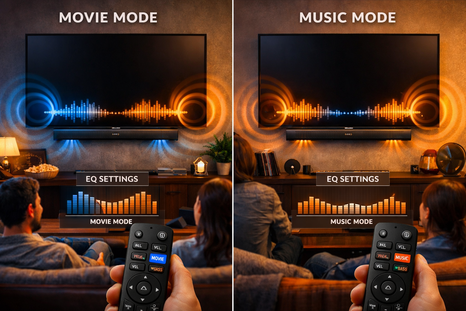 Detailed landscape format (1536x1024) comparison scene showing Philips B5201 soundbar mounted below large flat-screen TV in modern living room, sound waves visualization emanating from speakers in blue and orange gradient. Split-screen composition comparing movie mode versus music mode with EQ frequency graphs overlaid. Remote control in foreground showing key buttons. Warm ambient room lighting, cozy entertainment setup, real-world usage scenario with family seating area visible, professional lifestyle photography with depth and atmosphere.