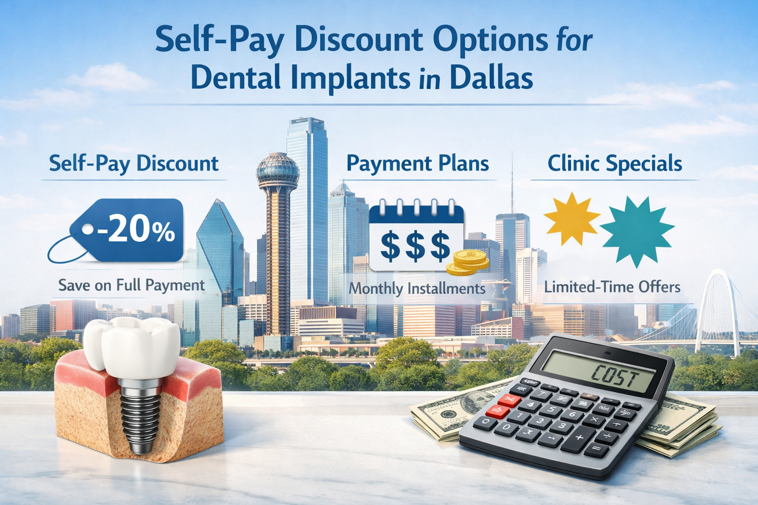 Detailed () image illustrating various self-pay discount strategies for dental implants in Dallas. The image should feature