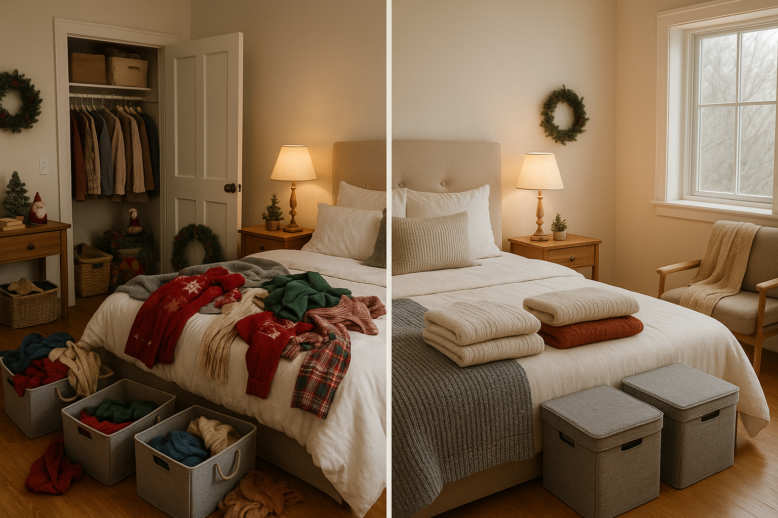 Detailed landscape image (1536x1024) showing room-by-room winter decluttering process with split-screen before/after comparison. Left side d