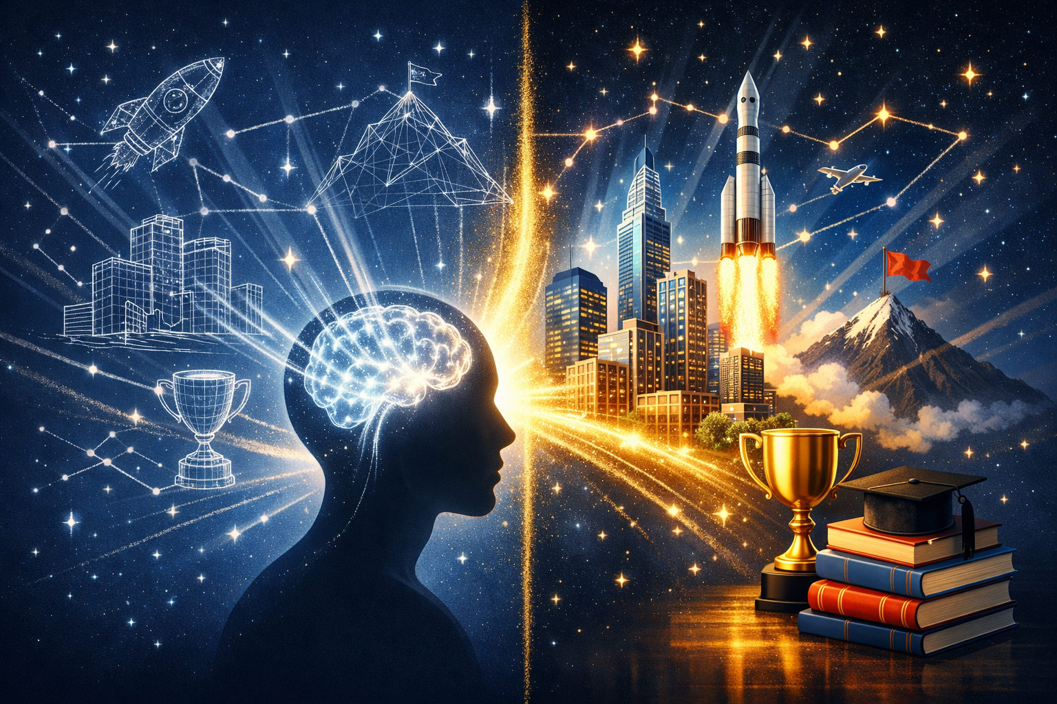 () conceptual illustration showing a human silhouette with glowing brain, streams of light emanating from head forming