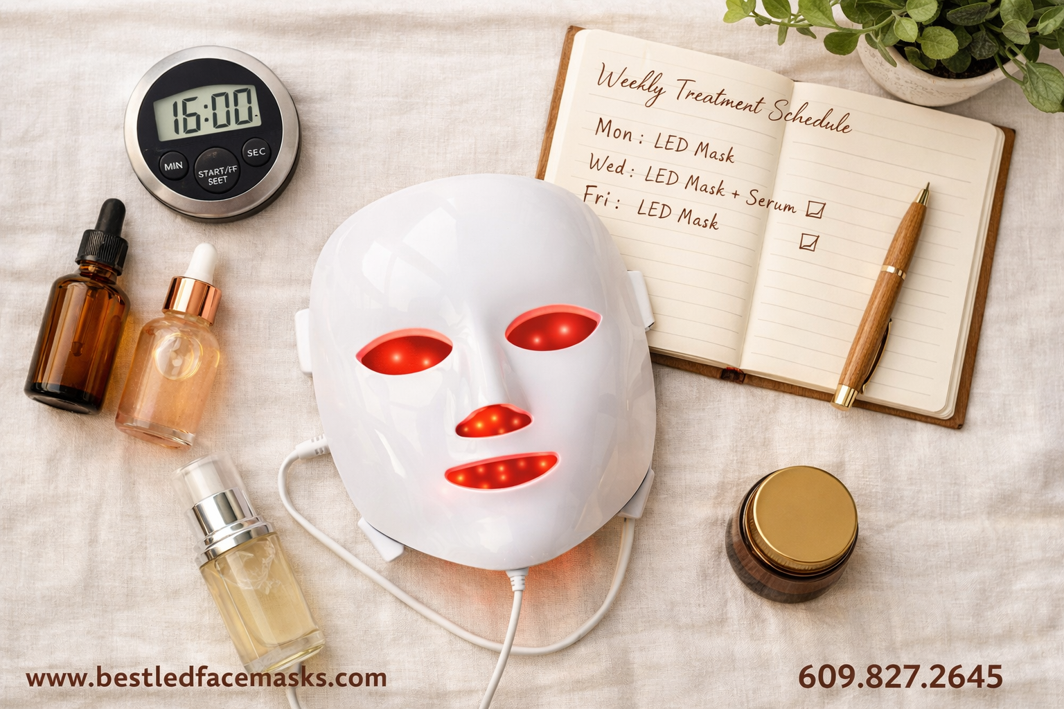 () overhead flat-lay photograph of a complete red light therapy skincare routine: an LED face mask in the center surrounded