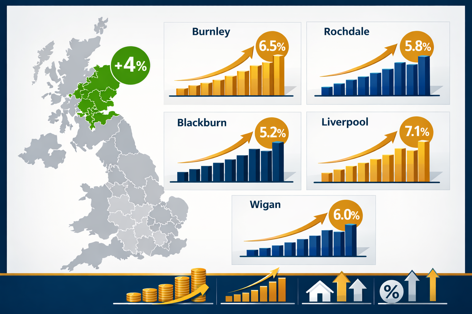 Landscape format (1536x1024) detailed infographic-style visualization showing upward trending price growth charts for North West England tow