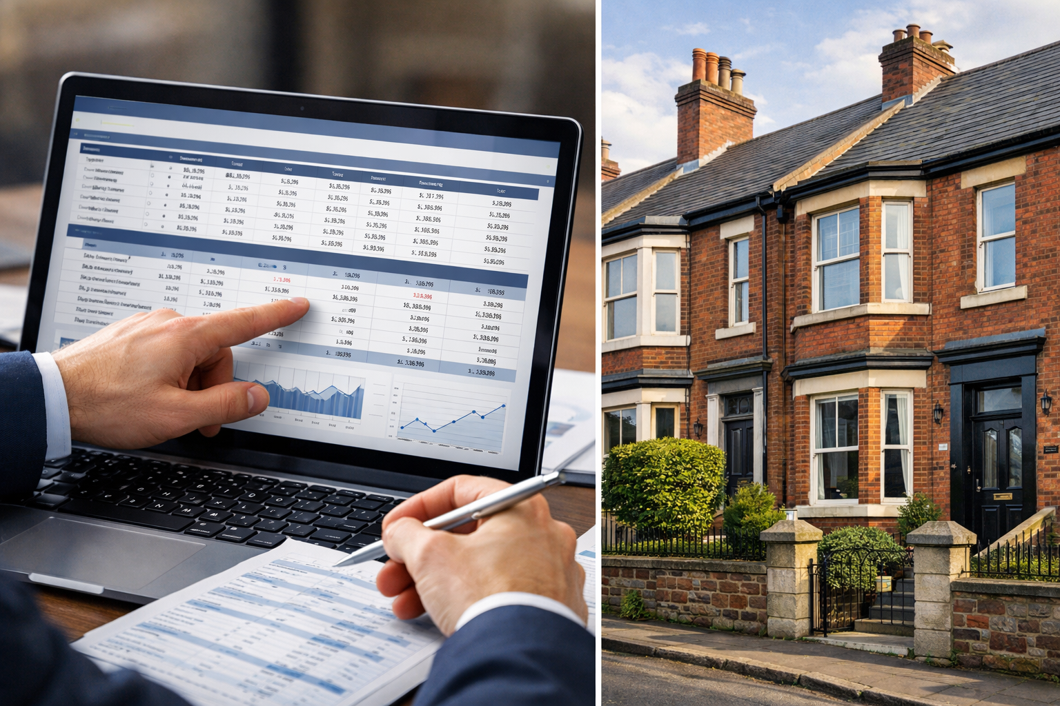 Landscape format (1536x1024) professional scene showing RICS surveyor conducting comparable sales analysis in Northern England property, spl