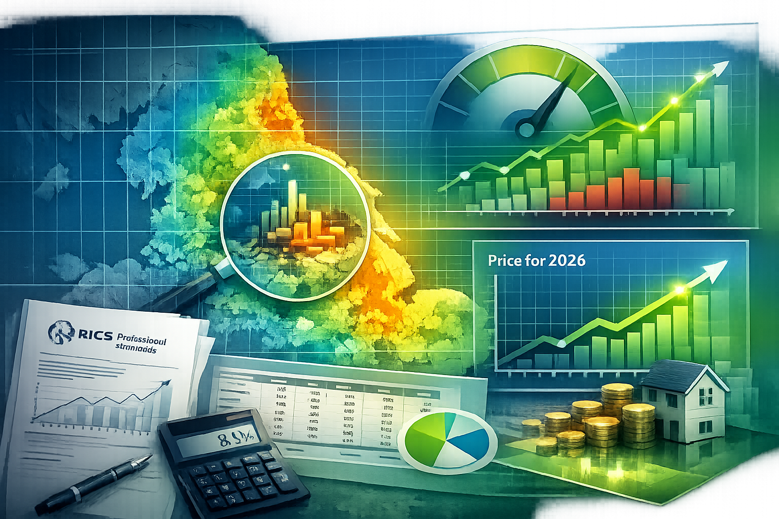 Landscape format (1536x1024) conceptual illustration depicting risk-adjusted valuation methodology, layered transparent overlays showing dif