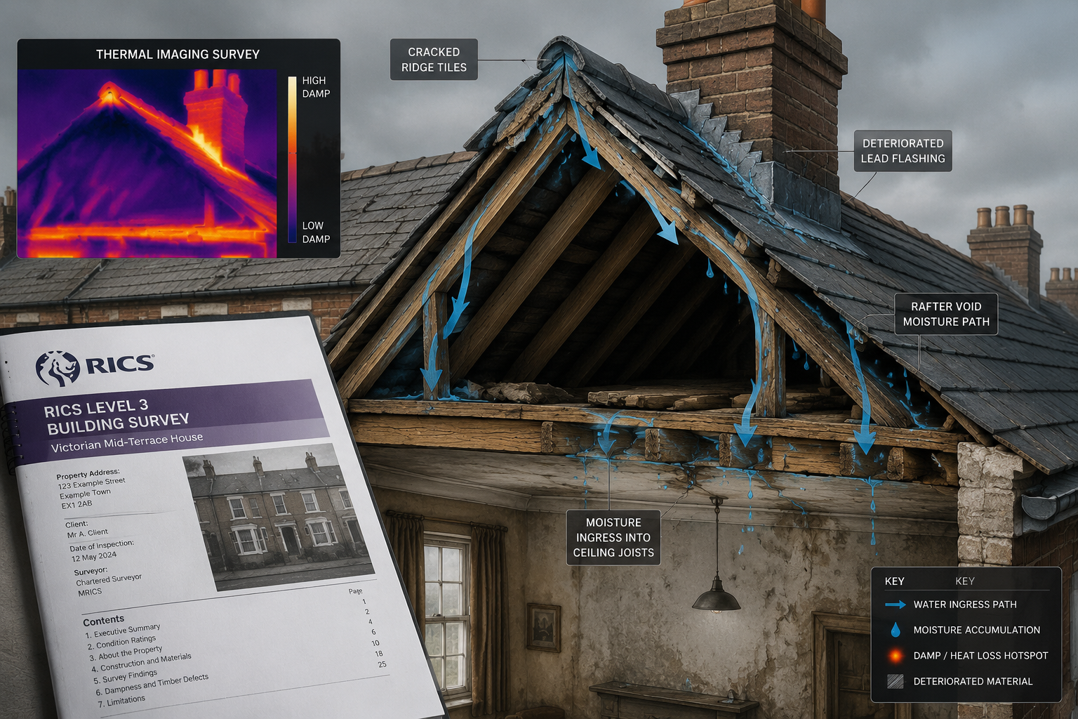 Detailed () editorial illustration showing a cross-section diagram of a traditional UK Victorian terraced house roof