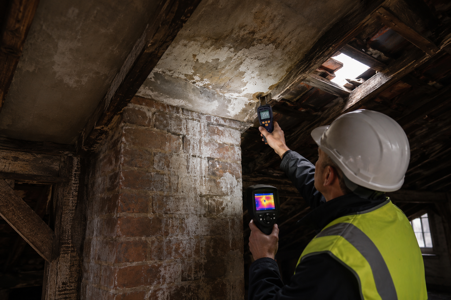 () showing a chartered surveyor in a hard hat and high-visibility vest using a professional moisture meter and thermal