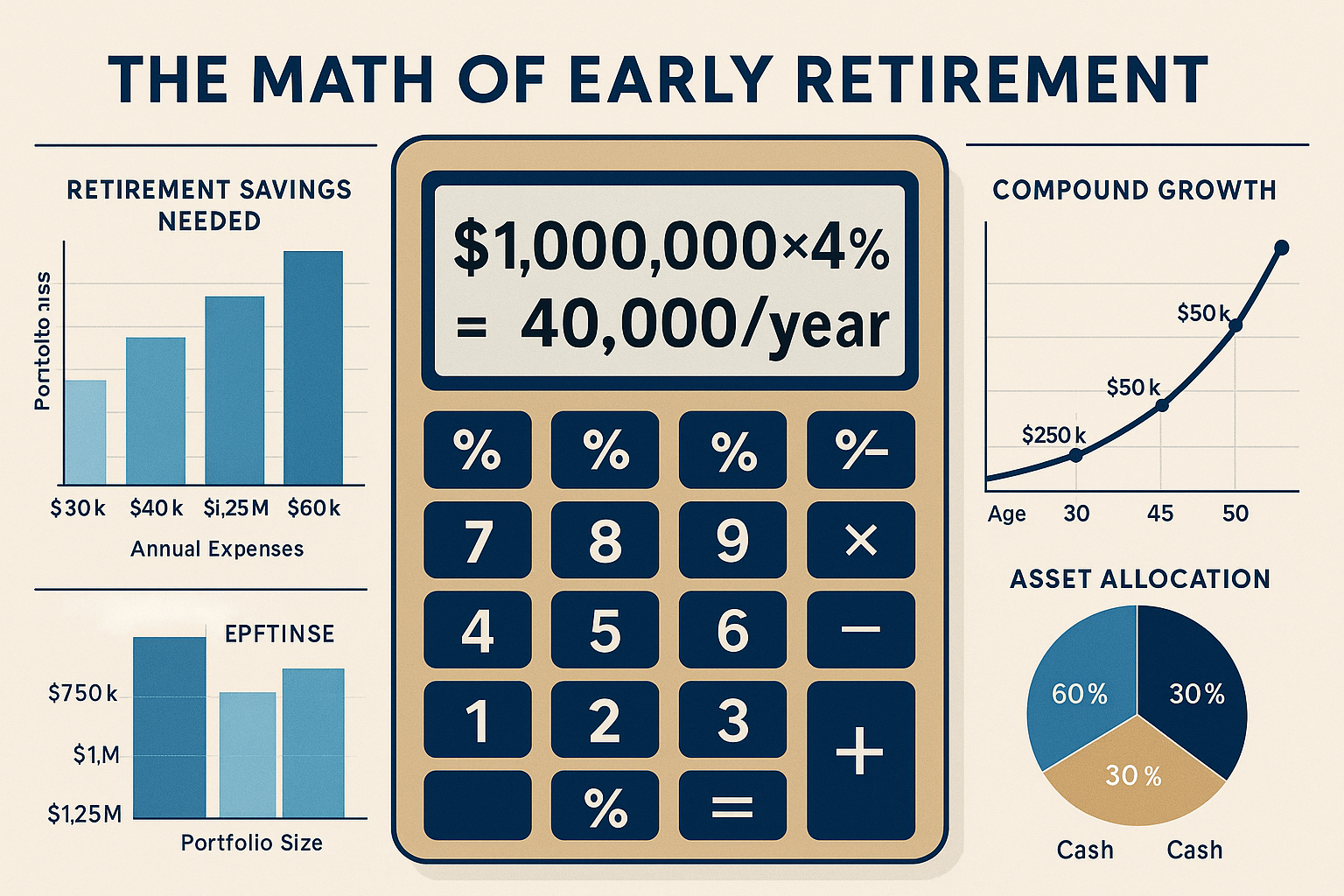 Detailed landscape infographic (1536x1024) illustrating the mathematical foundation of early retirement with visual breakdown of the 4% Rule