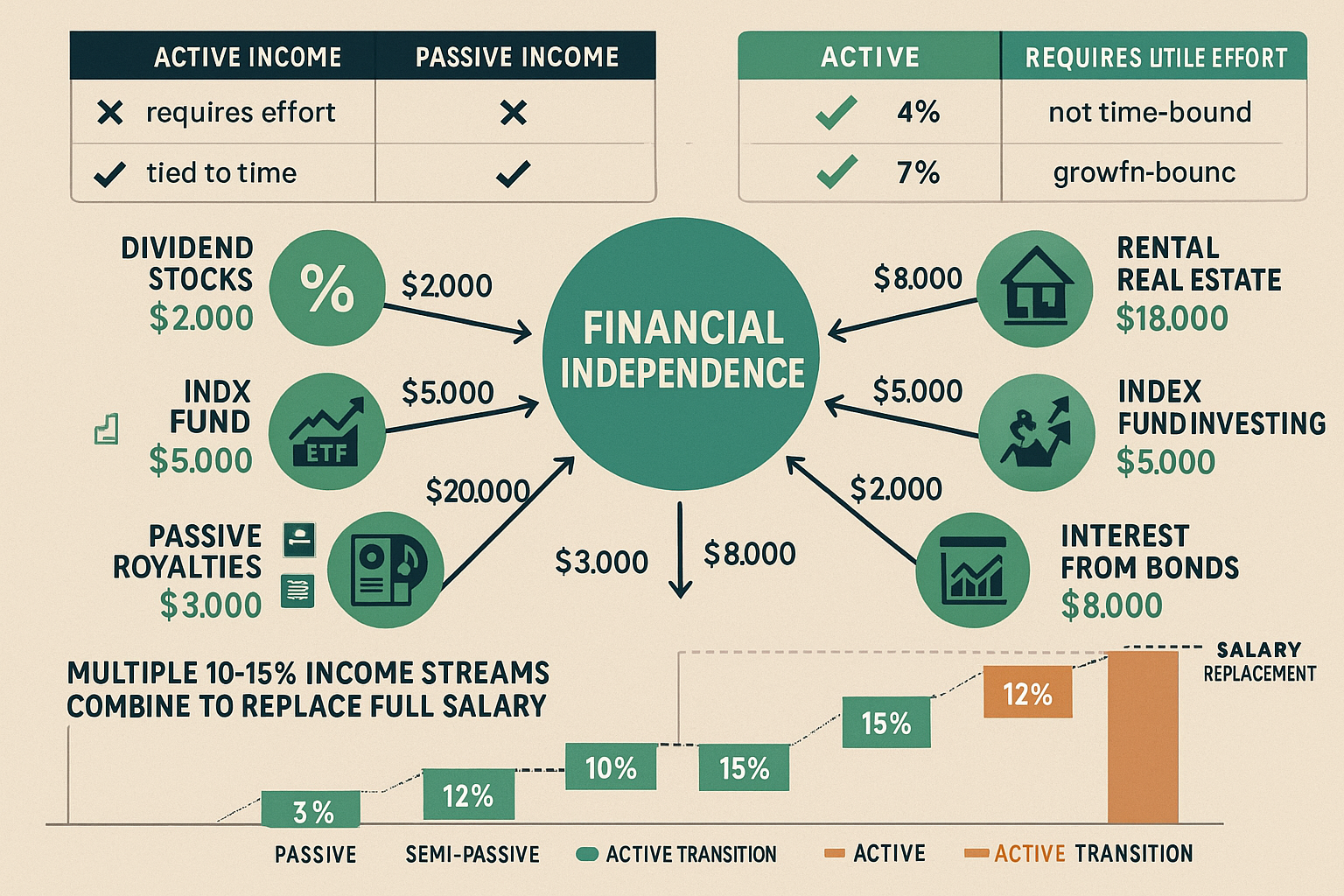 Comprehensive landscape visualization (1536x1024) depicting multiple income stream diversification strategy for financial independence. Cent