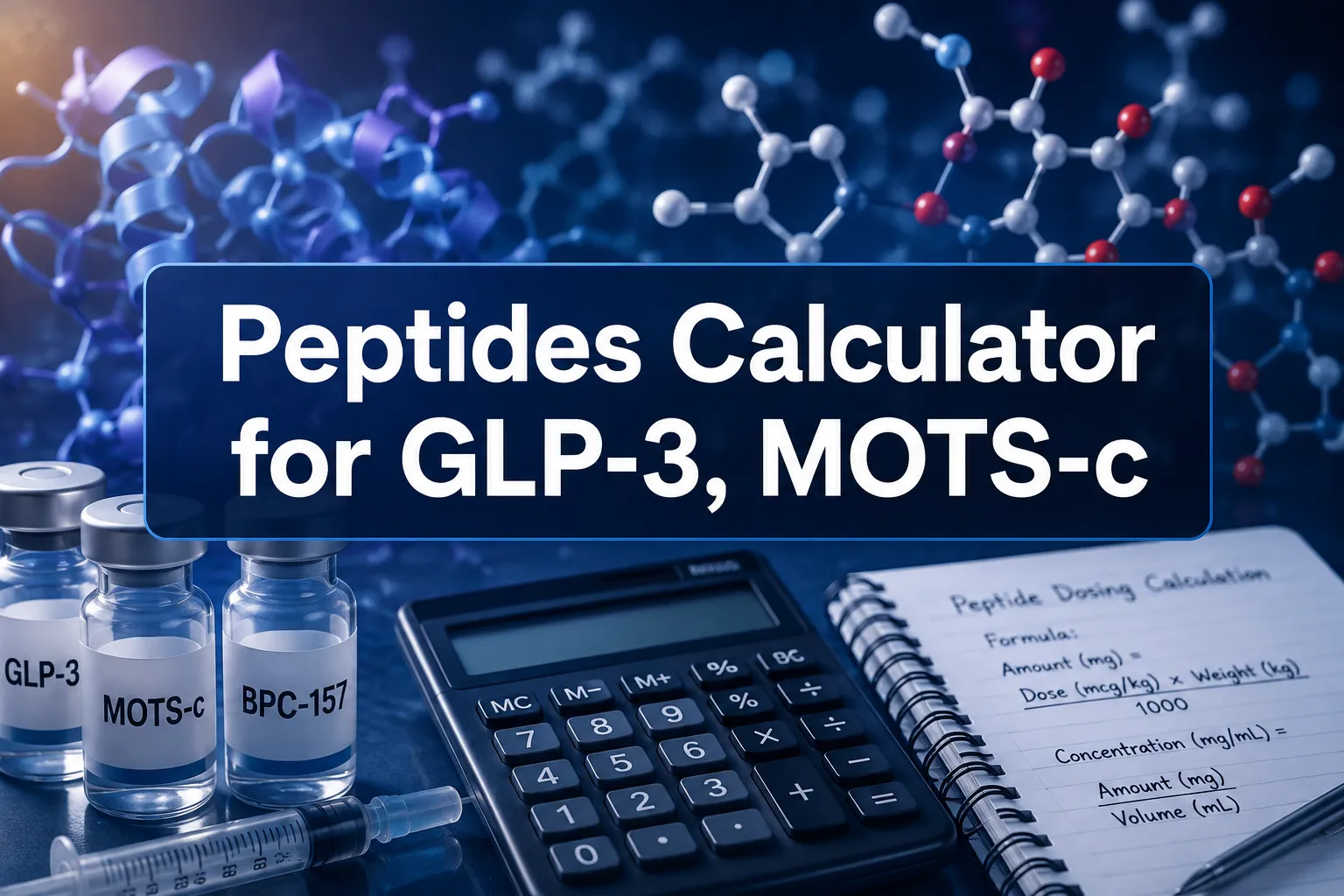 Professional landscape hero image () with a reading "Peptides Calculator for GLP-3, MOTS-c". CRITICAL TYPOGRAPHY RULES: