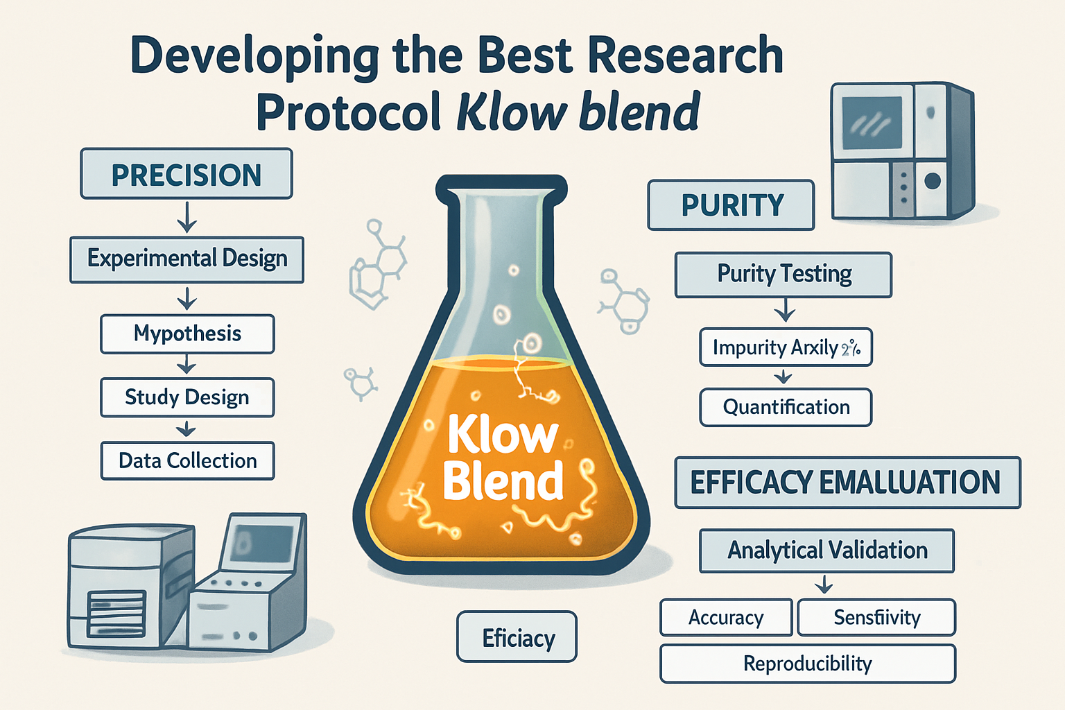A detailed infographic illustrating the key stages of developing the **Best research protocol Klow blend**, showing flowcharts of experiment