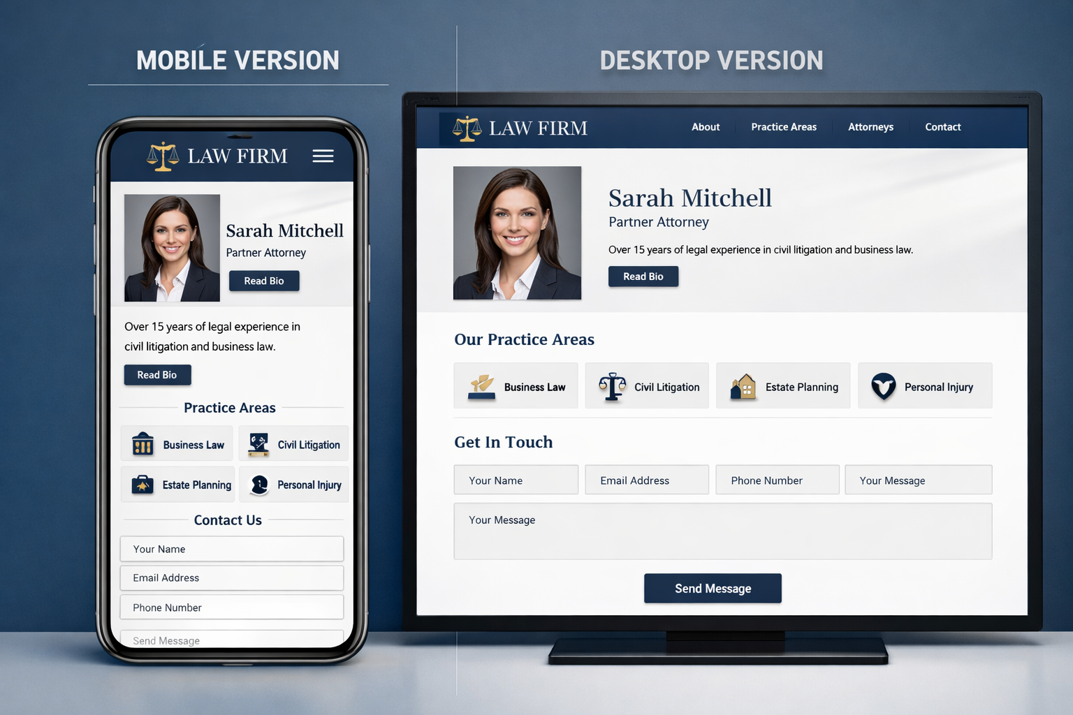 Landscape format (1536x1024) image showing split-screen comparison of mobile and desktop law firm website layouts, featuring attorney profil