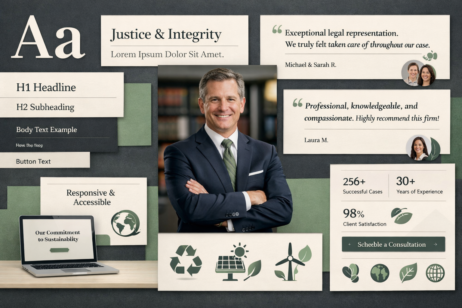 Landscape format (1536x1024) editorial-style composition showing modern law firm branding elements including oversized typography samples, p