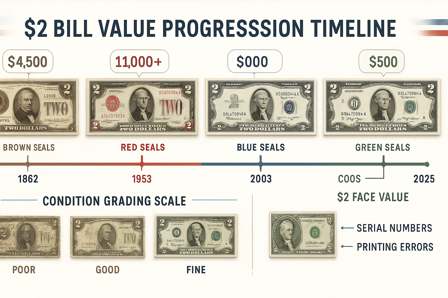 Detailed infographic-style image showing $2 bill value progression timeline from 1862 to 2025, horizontal layout with currency specimens at 