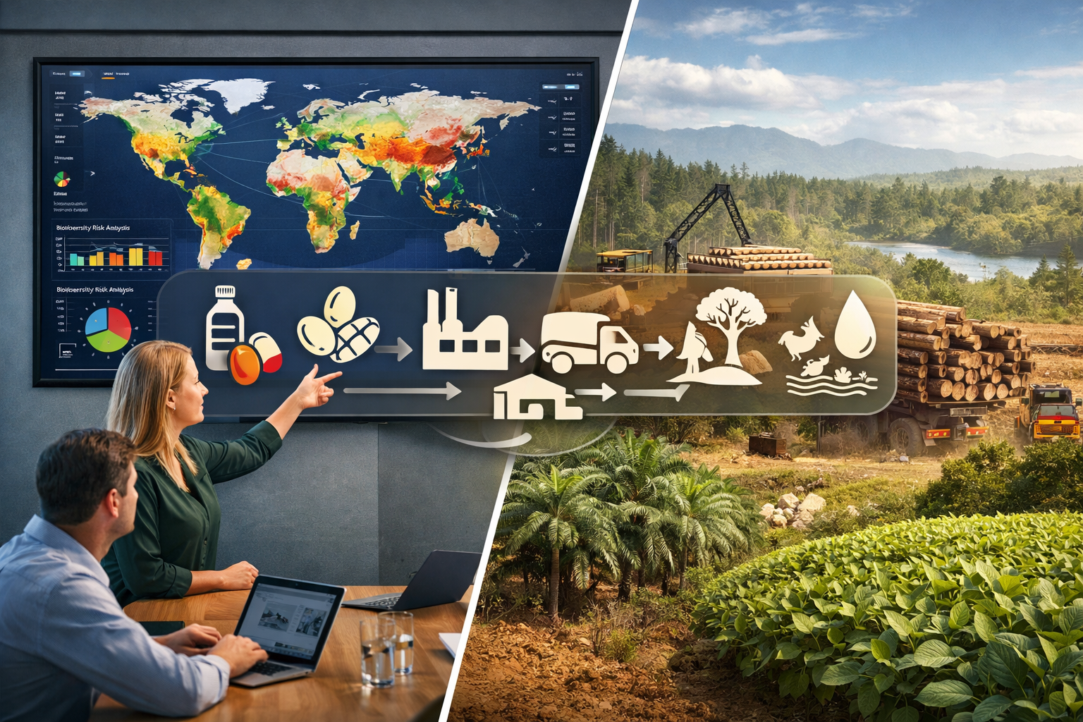 () conceptual business visualization showing corporate supply chain biodiversity mapping: split-screen composition with left