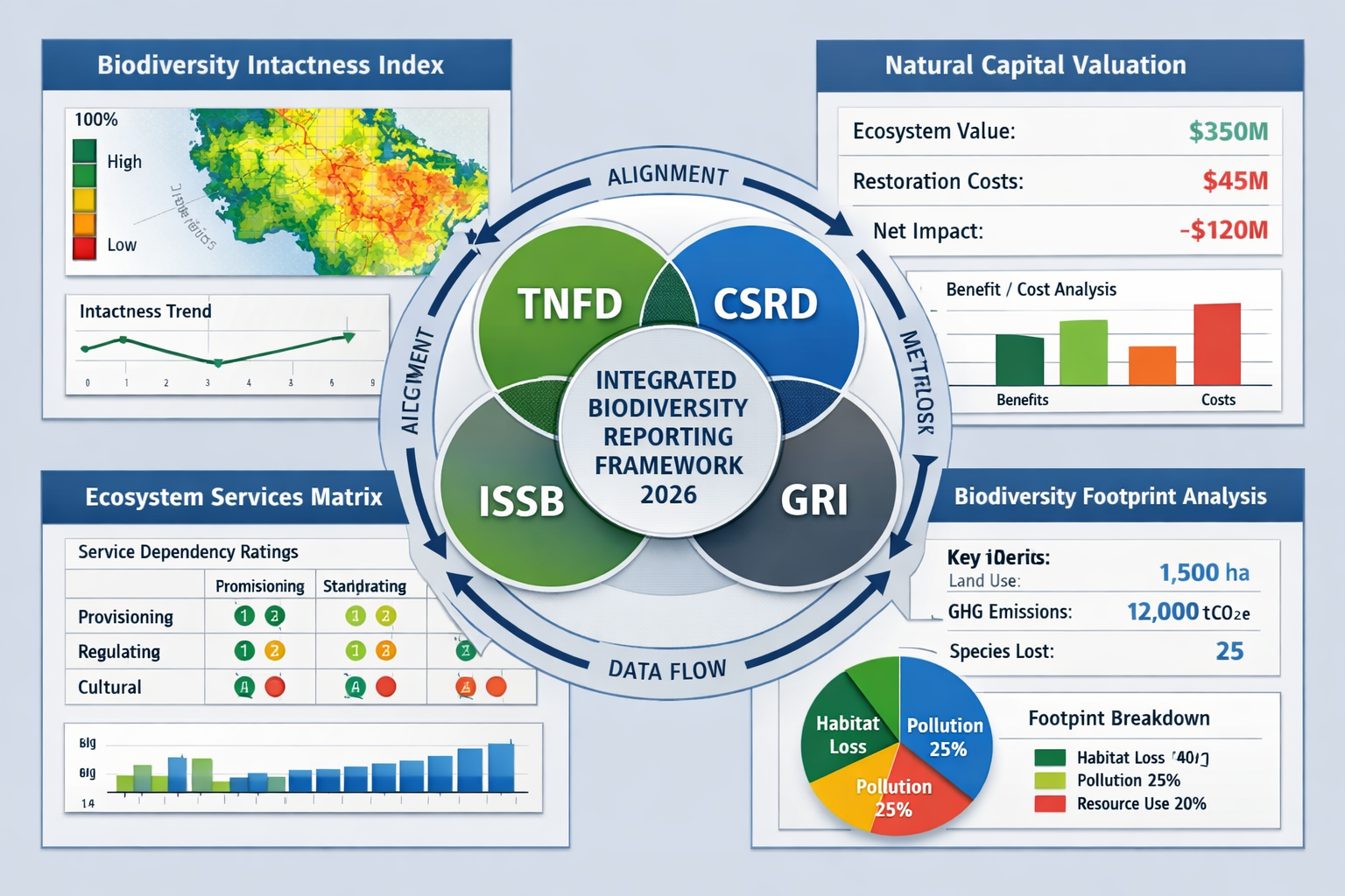 () technical illustration showing integrated biodiversity reporting framework for 2026: central circular diagram depicting